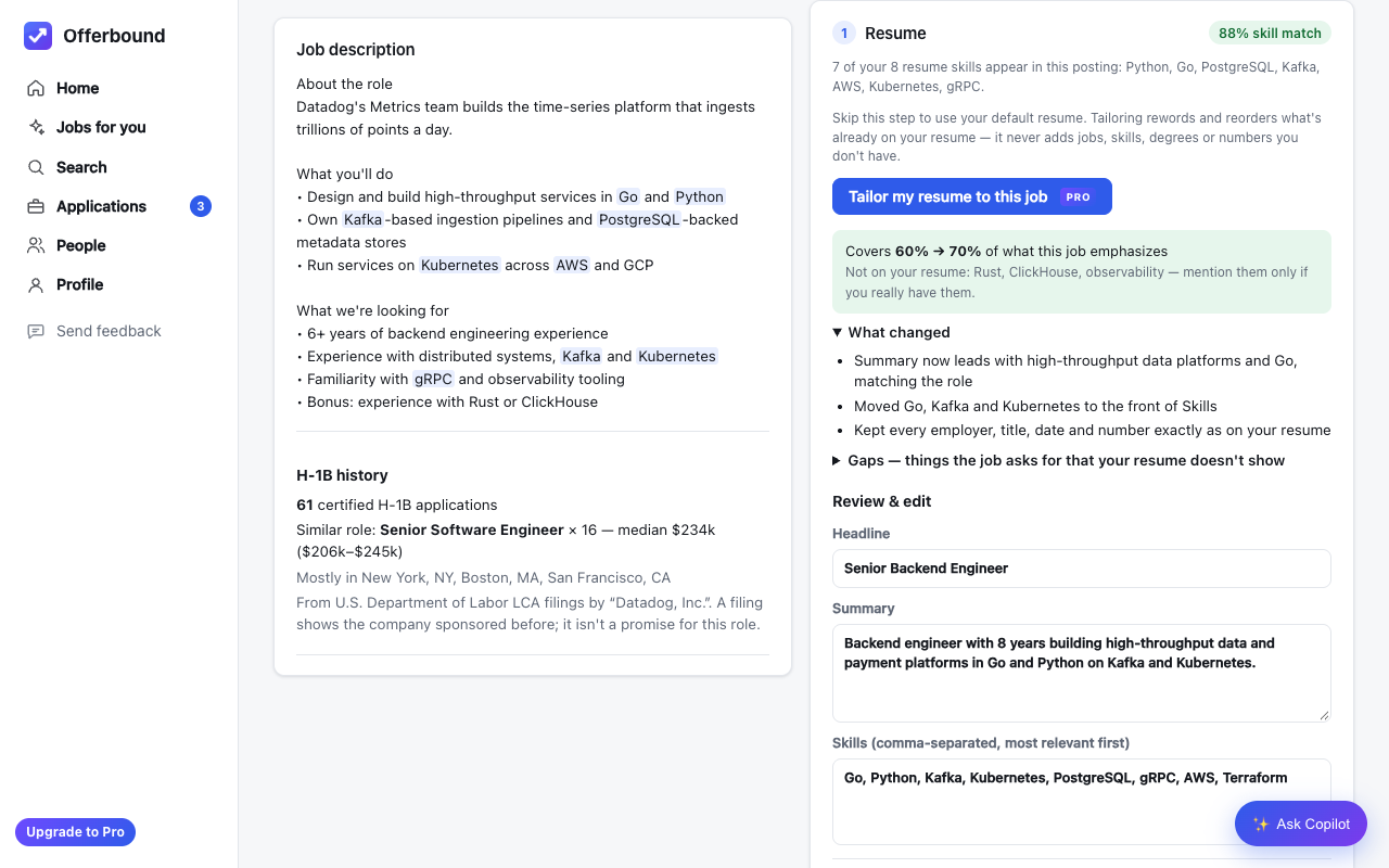 Resume tailoring with skill coverage, what changed, and H-1B history for the company