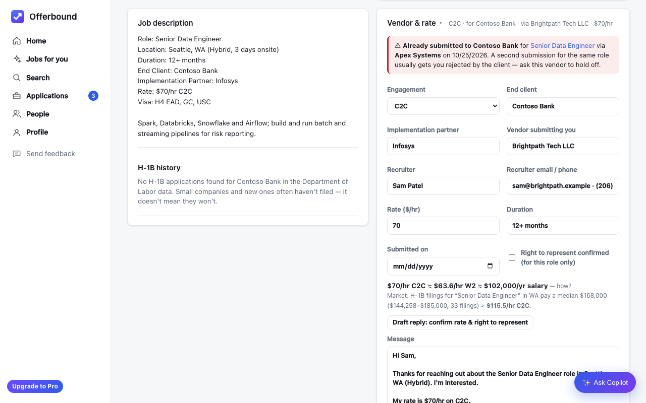 Vendor and rate panel warning about a double submission, with a drafted right-to-represent reply